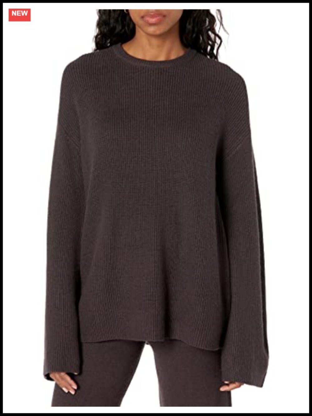 Ribbed Pullover Sweater, Bell Sleeve, Crew Neck, Side Slit